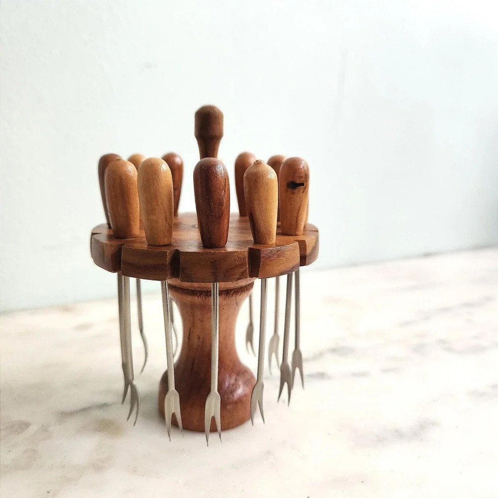 Vintage MCM Olive Wood Cocktail Appetizer Pick Set 12 Piece‎ with Stand